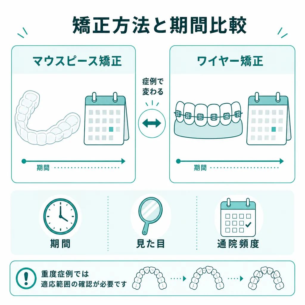 マウスピース矯正とワイヤー矯正の期間や通院頻度は症例で変わることを比較して説明。