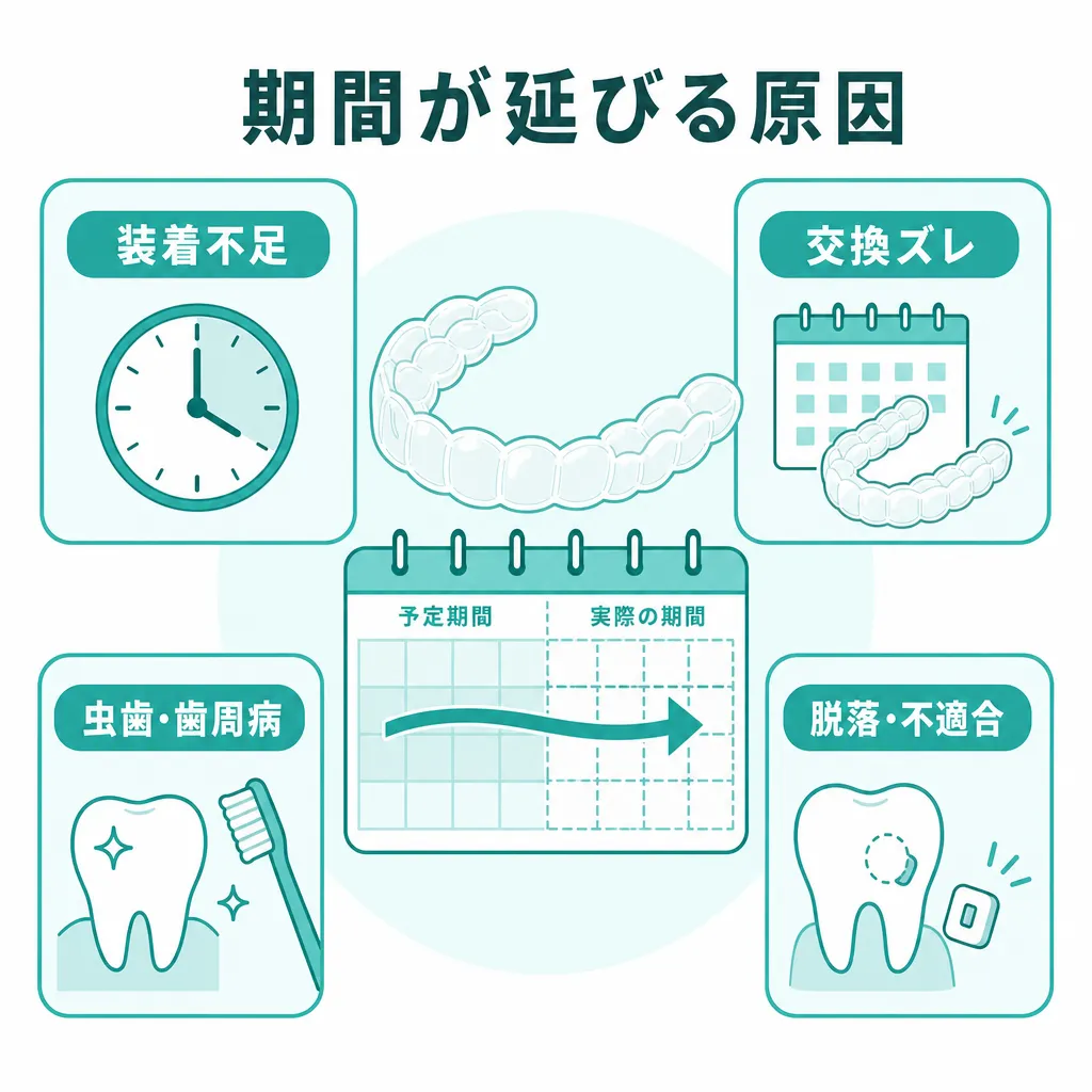 マウスピース矯正の装着不足や虫歯など期間が延びる原因を示して説明。