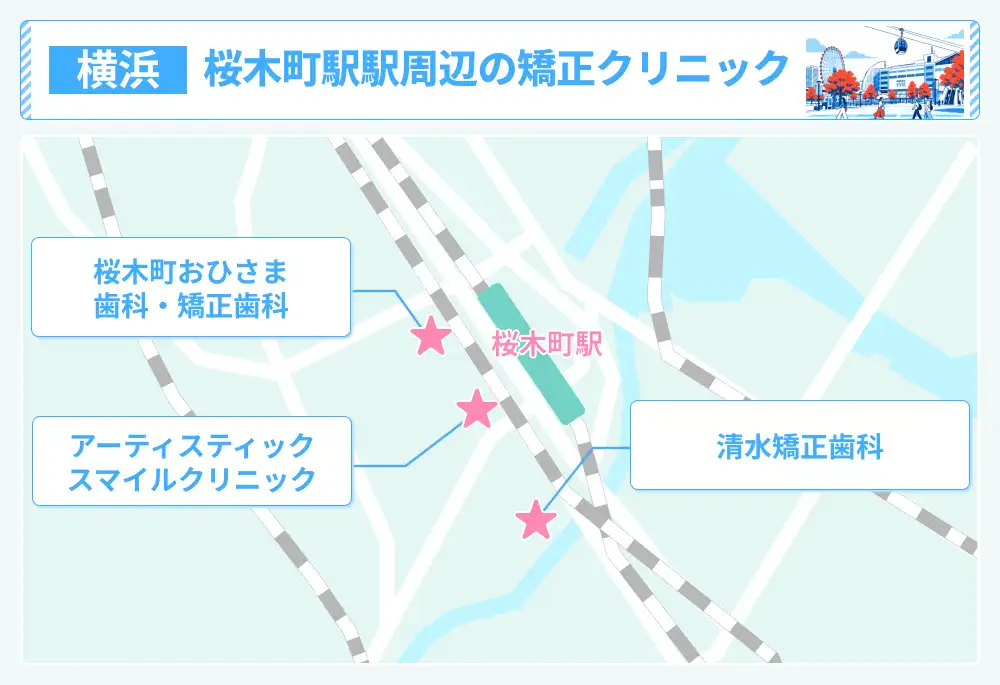 桜木町駅周辺のマウスピース矯正クリニック3院の地図