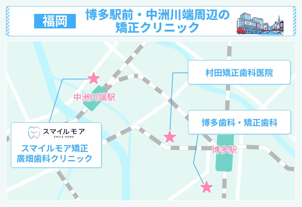博多駅前・中洲川端周辺のマウスピース矯正クリニックの地図