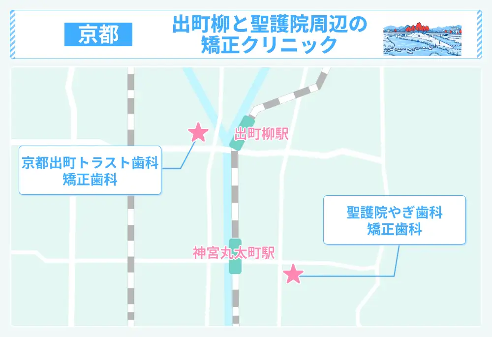 出町柳と聖護院周辺のマウスピース矯正クリニックの地図